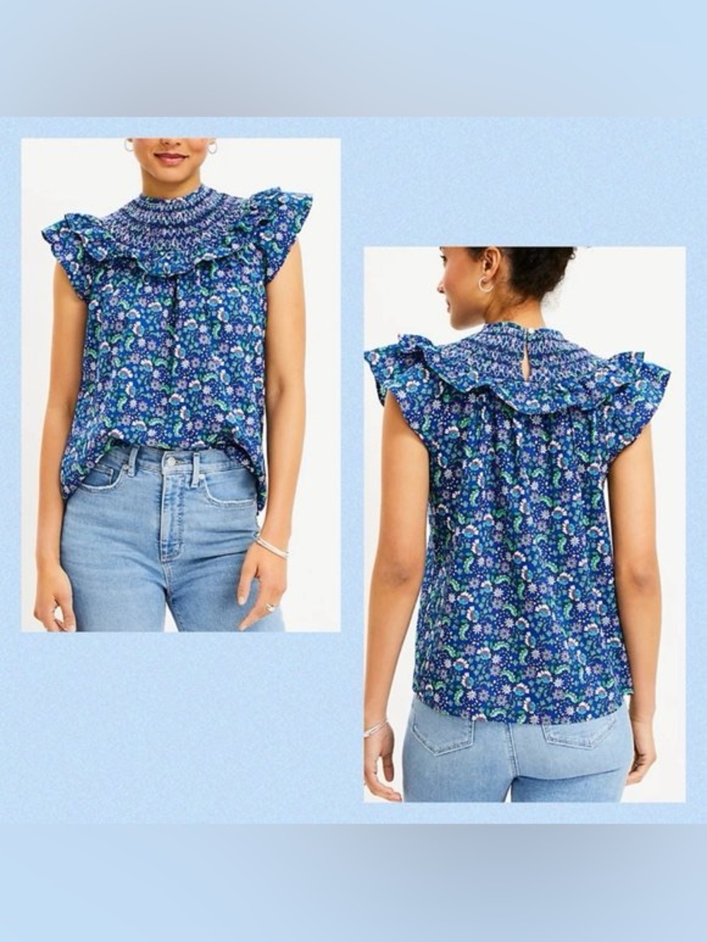 LOFT Blue Floral Ruffle Yoke Sleeveless Top